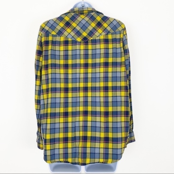 AEO AMERICAN EAGLE Plaid Blue Yellow Flannel Like Snap Front Shirt Fall Winter M - Picture 4 of 7